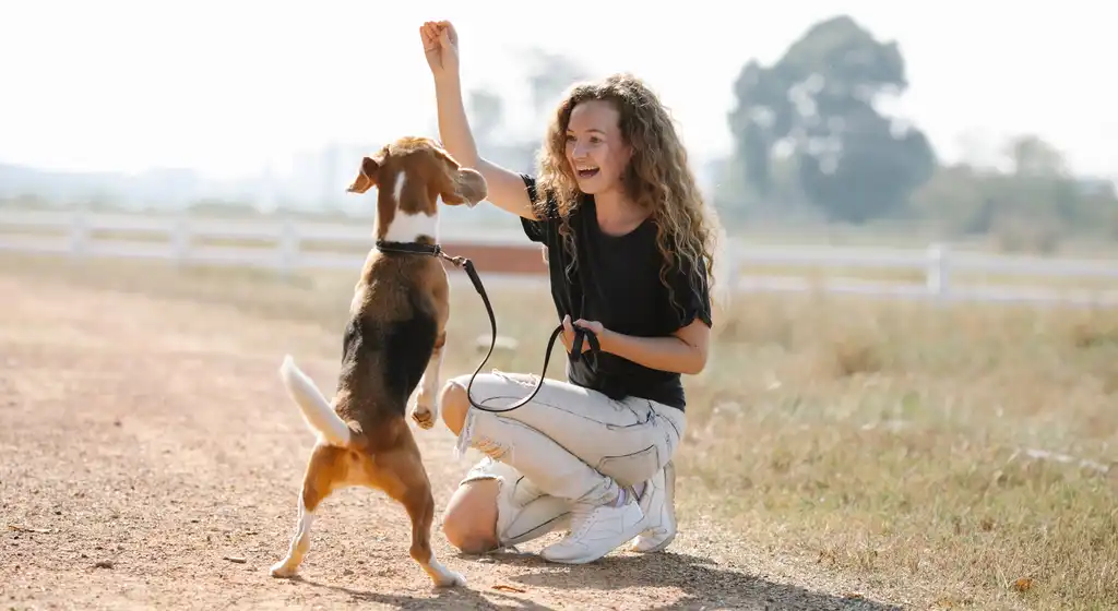 Frau mit Hund haben Spaß